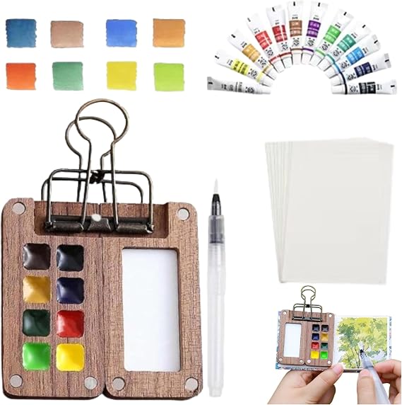 Mini Watercolor Travel Paint Set, Mini Portable Travel Watercolor Palette Set, 12 Colors Wooden Grid Paint Box, Watercolors Paper Pad Watercolor Sketchbook with Binder Clips for Artists Students