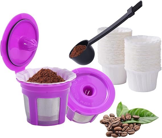100 Count Disposable Paper Coffee Filters and 2 Pack Reusable K Cups Filters with 1 Coffee Scoop, K-Cup Reusable Coffee Pods Compatible with Single Serve Coffee Maker Keurig 1.0 and 2.0
