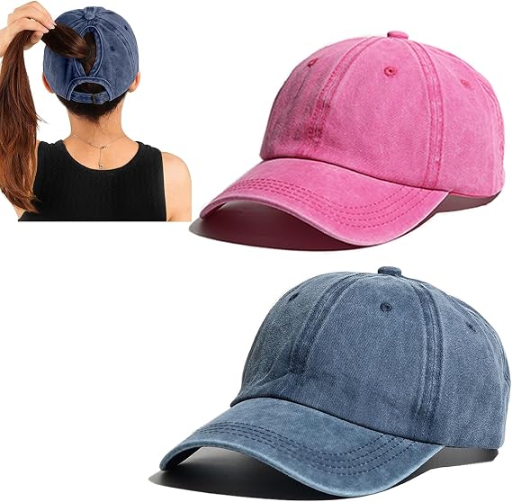 2 Packs Vintage Washed Unstructured Hat Womens Baseball Cap Distressed Ponytail Messy Bun Trucker Ponycap