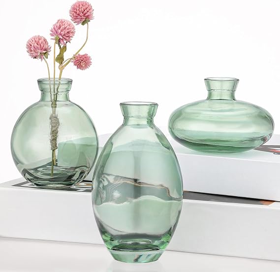 Suream Green Small Flower Vase, Set of 3 Cute Vase for Minimalist Decor, Glass Bud Vases for Home Table Flower Decoration