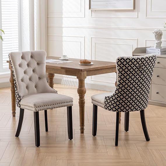 Modern Velvet Wood Dining Chairs Set of 2, Beige Patterned