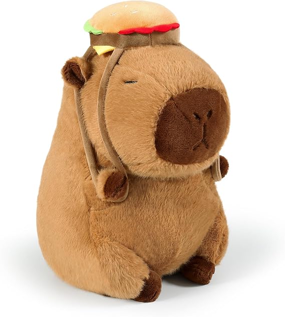 Ditucu Cute Capybara Plush with Hamburger Backpack Soft Capibara Stuffed Animal Plushies Toys Hugging Gifts for Kids Brown 9 inch