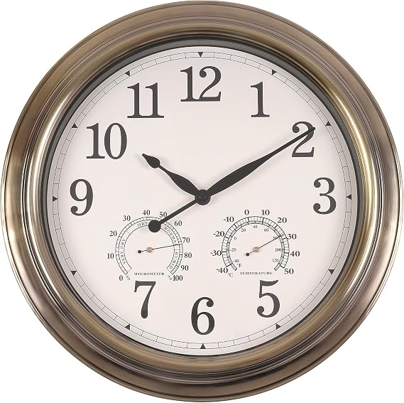 16 Inch Outdoor Clocks, Metal-Frame Outdoor Clocks Waterproof, Silent Outdoor Wall Clock for Patio Pool, Bronze
