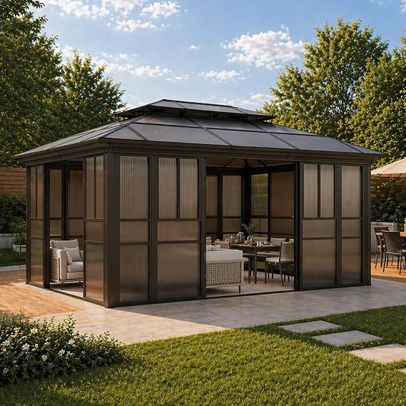 EROMMY 12x16 Sunroom Gazebo, Polycarbonate Roof Outdoor Solarium with Sliding Door & Adjustable Window Panels, Enclosed Patio Sunroom with Mesh Screens, Aluminum Frame Backyard Enclosure