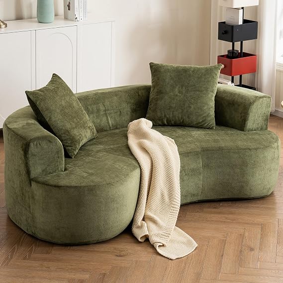 Luxury 80 Green Curved Loveseat Sofa, Chenille Curved Couch with 2 Big Pillows & Extra Wide Armrests, Comfy Upholstered Oversized Loveseat Couch & Sofa for Living Room Apartment, No Assembly