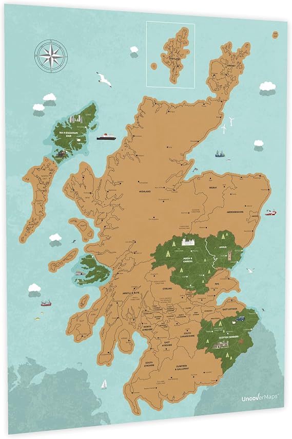 Scotland Scratch Off Map - A2 Travel Poster with Illustrated Landmarks and NC500 - Unique Camper Van Accessory, Classroom Map or Wall Art Gift