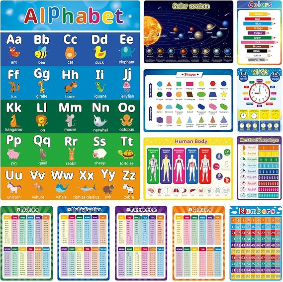 GERUEE 12 Pieces Educational Posters for Toddlers,Learning Chart Materials for Elementary and Middle School Classroom Teach,Kindergarten,Homeschool Supplies, Classroom Decorations 15.7 x 11 Inch.