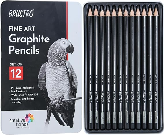 Artists Fineart Graphite Pencil Set of 12 (10B-2H) + Free 2 Brustro ECO-PVC Dust-Free erasers