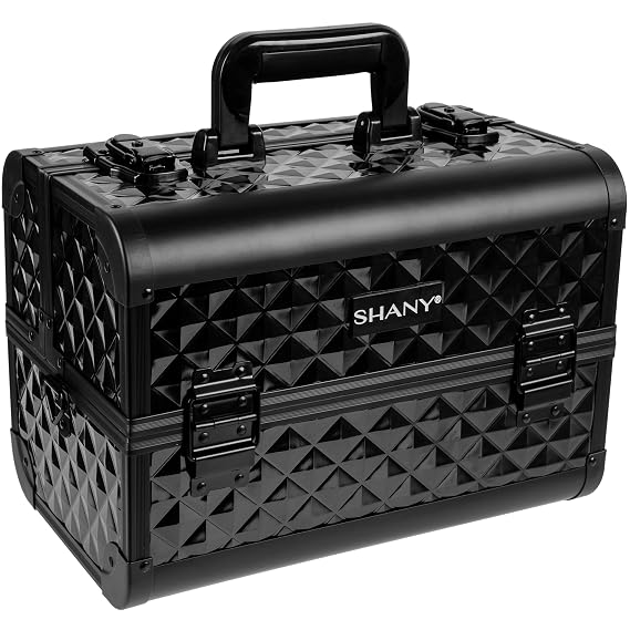 SHANY Premier Fantasy Professional Makeup Train Case Cosmetic Box Portable Make up Case Organizer Jewelry storage with Locks, 3 Trays, Makeup Brush Holder and Cosmetics Mirror - Onyx Black