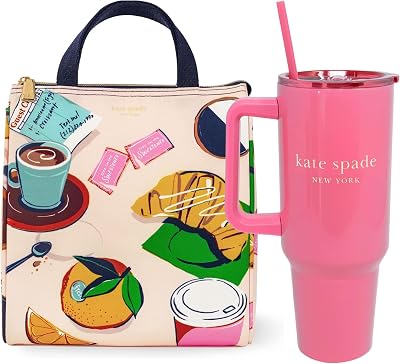 kate spade new york Insulated Lunch Tote in Rise and Shine Bundle with Stainless Steel 40 oz Tumbler with Handle and Straw in Pink