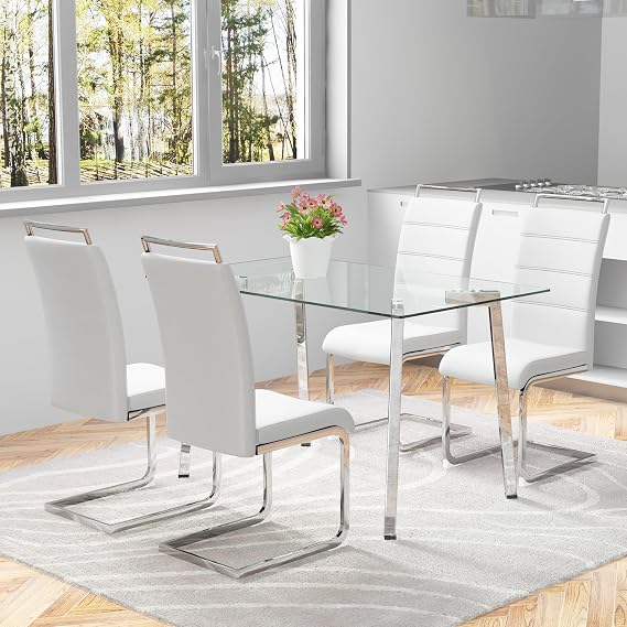 Dining Room Table Set for 4,51 Tempered Glass Dining Table Set for 4 People with Silver Leg,5 Piece Dining Table Set with PU Leather Chairs, Dinette Table Set for 4 for Small Kitchen Apartment