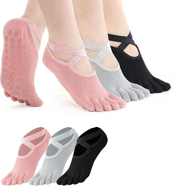 3 Pairs Yoga Toe Socks for Women Non Slip, Pilates Toe Socks with Grips