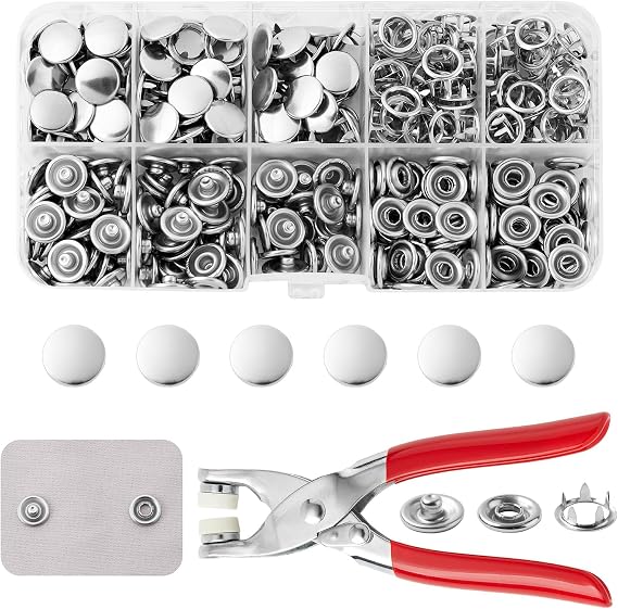 DEVPSISR 100 Sets Metal Snaps Buttons with Fastener Pliers Press Tool Kit Perfect for DIY Crafts Clothing Sewing, 9.5mm Snap Button Fasteners Kit(Silver Solid)