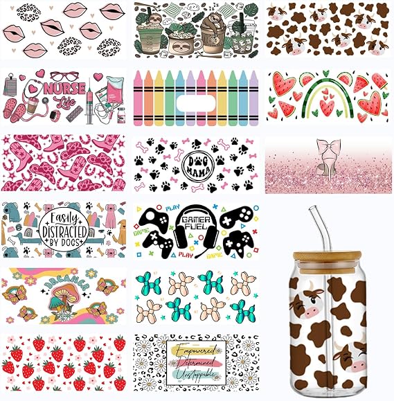 YOKUSHI UV DTF Cup Wraps for 16 OZ, 15 Sheets Cute Theme Decals Transfer Stickers for Glass Cups Tumblers (Mix-1)