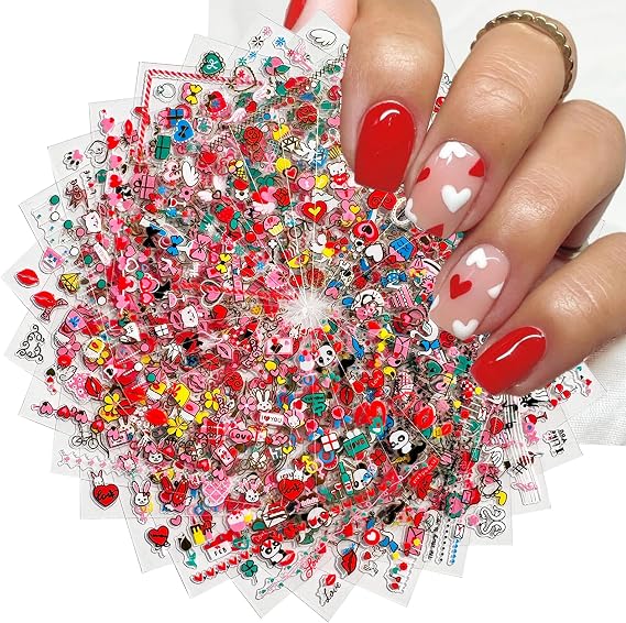 30 Sheets Valentine's Day Nail Art Stickers Red Heart Sticker Decals 3D Self-Adhesive Nail Supplies Lips Heart Letters Love Kiss Rose Flower Designs Sticker for Women Acrylic Nails Decorations