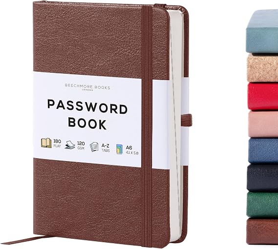 Beechmore Books A6 Password Keeper Book with Alphabetical Tabs - 4.1x5.8" Vegan Leather Hardcover Passcode Book with 120gsm Pages for Internet Log In, Usernames - Password Manager Notebook with Box (Chestnut Brown)