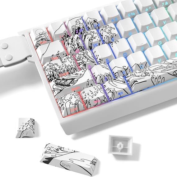dagaladoo doubleshot PBT keycaps,White Wave of Kanagawa keycaps 60 75 Percent,Shine Through keycap,Side Print Key Cap,Cherry Profile Keyboard caps for 61/64/66/68/71/75/84/87 Mechanical Keyboards