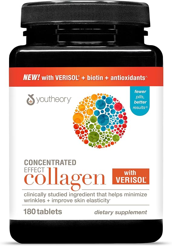 Youtheory Concentrated Effect Collagen with Verisol, 180 Tablets | Collagen Peptides with Vitamins C and B, Supports Hair, Nails, Bones, and Joints*, Third-Party Tested, 60-Day Supply