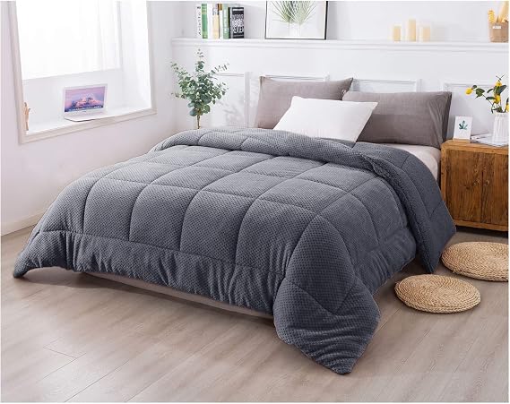 KASENTEX Super Ultra Soft Luxury Plush Sherpa Comforter, Cozy Reversible Fleece - Goose Down Alternative Fill, Machine Washable Bedding, Excalibur Grey, King Size