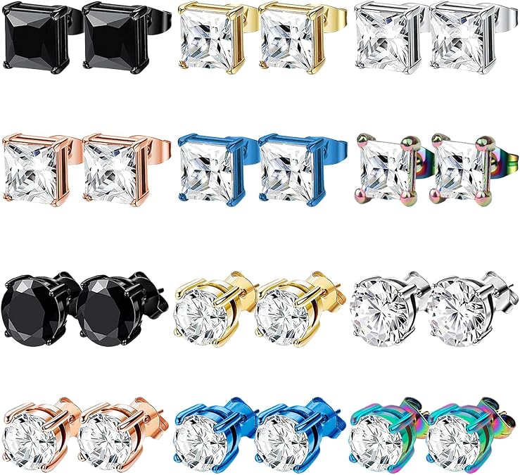 NEWITIN 12 Pairs Stainless Steel Stud Earrings for Men Hypoallergenic Earring Unisex Studs Inlaid Cubic Zirconia Men Earrings Hoop CZ Stud Earring Set for Women