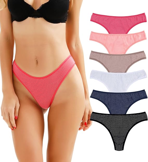 6 Pack Women Thongs Underwear Cotton Breathable Briefs Hipster Bikini
