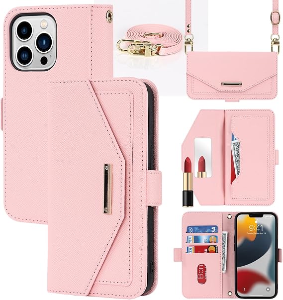 Crossbody Wallet for iPhone 13 Pro Case with Strap,6.1",Pink | Long Shoulder Strap,Credit Card Holder, PU Leather, Handbag Purse, Kickstand, Make Up Mirror, Cover Case, for Women Girls