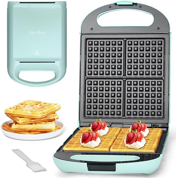 Bakers Friend Belgian Waffle Maker, Square Waffle Iron, Waflera Electrica, Non Stick Cooking Plate, Classic & Multi Waffle Makers, 4-Slice, Aqua