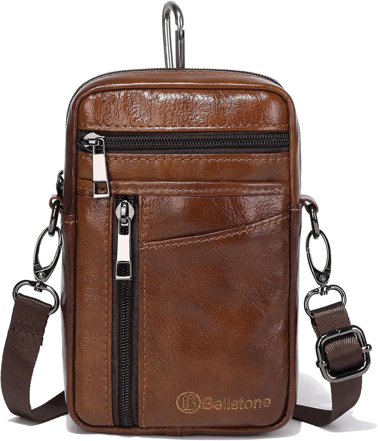 Bellstone BS-BG-8166 Mens Leather Shoulder Pouch, Genuine Leather, Belt Pouch, Waist Pouch, Leather, Pochette, Vertical Type, Includes Carabiner