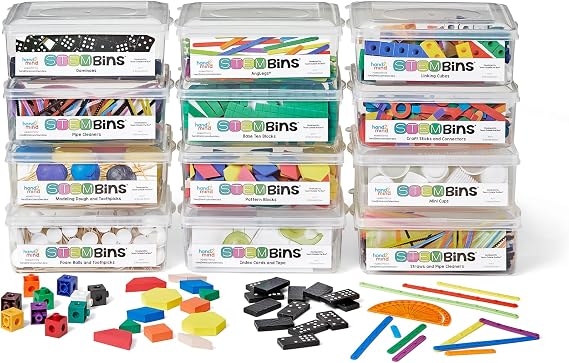 hand2mind STEM Bins Essential Kit by Brooke Brown, STEM Bins for Classroom, STEM Manipulatives for Elementary, STEM Activities, Kids Engineering Building Kits, Science Teacher Supplies (Set of 12)