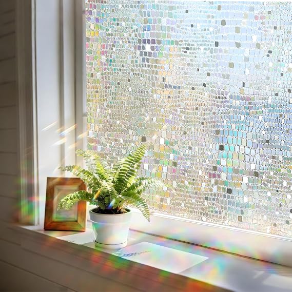 Stained Glass Window Privacy Film,3D Rainbow Static Cling,Pure 17.5"x78.7" | Decorative Window Sticker, Prism Holographic Effect, Sun Blocking, Privacy Protection, Non Adhesive for Bathroom & Door