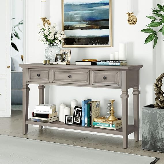 Knocbel Retro Entryway Console Table with 3 Storage Drawers and Open Shelf, Entry Hallway Foyer Behind Sofa Couch Long Table, Easy Assembly (Gray Wash)