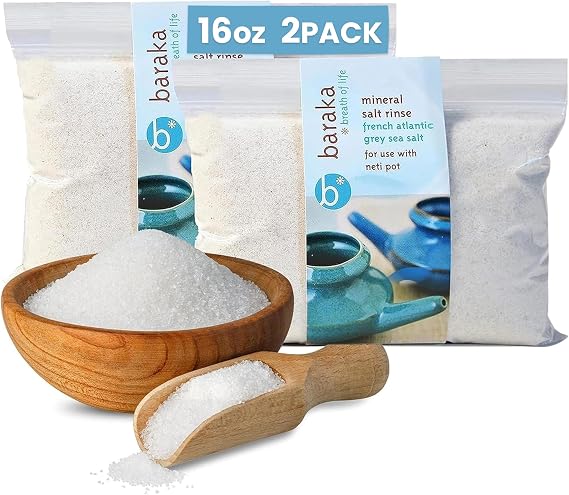 Baraka Mineral Sea Salt Rinse - French Atlantic Grey Sea Salt - 16oz, 2Pack | Neti Pot Sinus Rinse, Natural Saline Solution, Nasal Rinse Salt, Ideal for Daily Neti Pot Rinsers, Easy to Use, No Additives