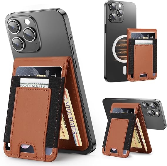 Miroddi MagSafe Wallet Stand, Leather Magnetic Phone Wallet for iPhone 16/15/14/13/12 Series, Strongest Magnetic Card Holder with Adjustable Stand, ID Window, Fits 10 Cards, RFID Blocking, Brown