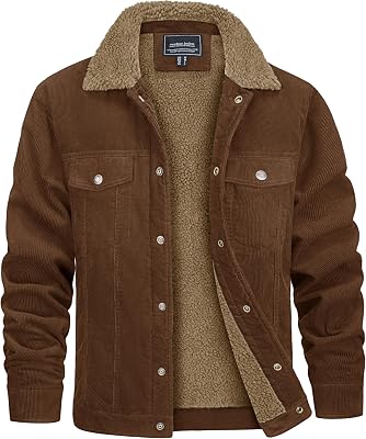 CRYSULLY Mens Corduroy Jacket Cotton Sherpa Lined Jacket Turn-Down Collar Jackets with 5 Pockets