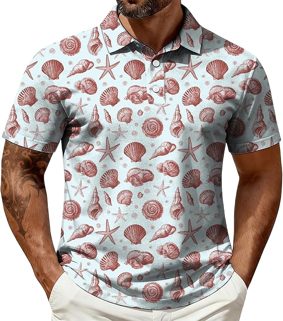 Men's Short Sleeve Golf Polo Hawaiian Tropical Print Polo Shirts for Golf Casual Beach Vacation Outfits