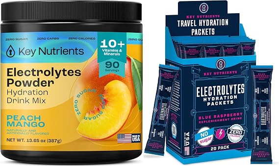 KEY NUTRIENTS Electrolytes Powder Peach Mango 90 Servings + Electrolytes Powder Packets Blue Raspberry 20 Pack