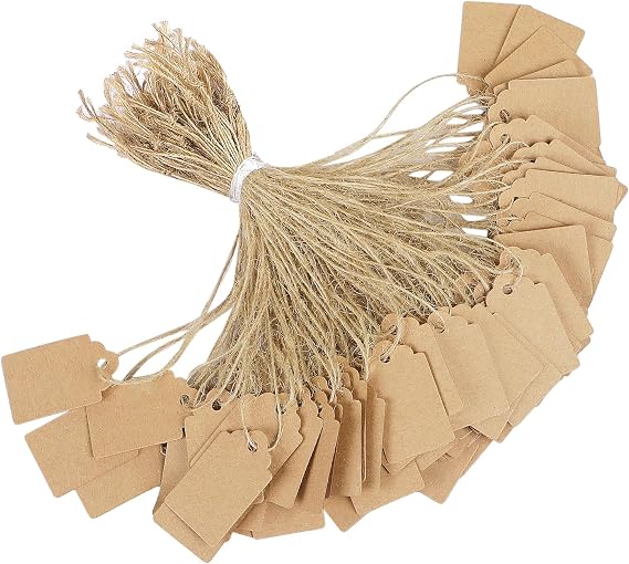 Uniclife 200 Pcs Price Tag with String Attached Writable Brown Kraft Paper Tags with Jute Twine Hang Tag Price Display Labels for Clothing Jewelry Blank Merchandise Marking Tags, 1 3/8" x 7/8"