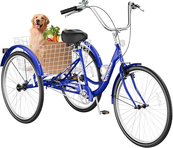 Betterland 24/26 Inch Adult Tricycle, Comfort Tricycle with Large Basket, Stable 3-Wheel Cruise Bicycle for Shopping, Beach and City Trike Perfect for Men, Women, 3 Colors