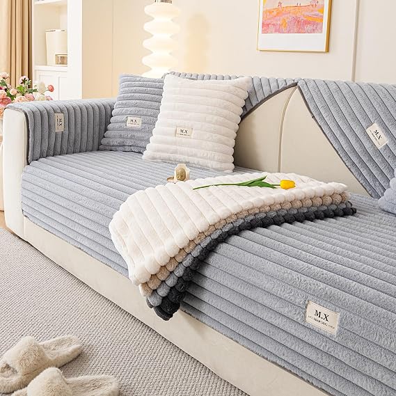 Fuzzy Sectional Couch Cover for Sofa, Plush Warm Sofa Covers Washable for 3-4 Seat Cushion Couch,Non-slip Slipcover Sofa Covers for Pets Dogs Furniture Protector(1PC,Grey,35"x83")