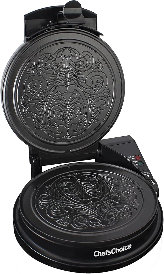 Chef'sChoice KrumKake Maker Features Nonstick Surface and Instant Heat Recovery with Temperature Control and Ready Light To Make 6-Inch Cookies, Ready and Baking Lights With Roller, 1050-Watts, Silver
