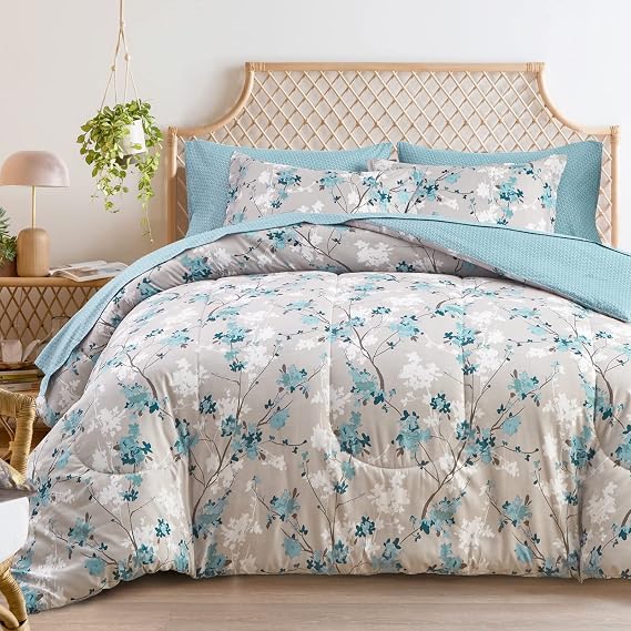Flysheep Gray Botanical Bed in a Bag Queen Size 7 Pieces, Aqua Grey Leaves Elegant Floral Comforter Bedding Set All Season(1 Comforter, 1 Flat Sheet, 1 Fitted Sheet, 2 Pillow Shams and 2 Pillowcases)
