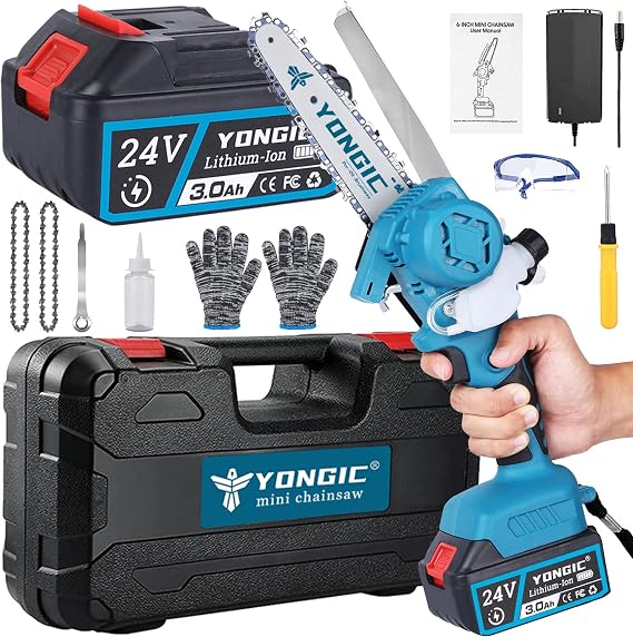 Mini Chainsaw Cordless, Yongic 6Inch Brushless Chain Saw Electric Chainsaw with Oiling System, Battery Chainsaw Power Chain Saws with 3.0Ah Large Battery for Branches Trimming Wood Cutting /38000mAh