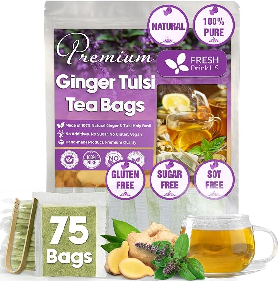 FreshDrinkUS, Premium 75 Ginger Tulsi Tea Bags, 100% Natural, Hand-made Blend of Ginger and Tulsi Holy Basil Leaves, Eco-conscious Tea Bags. No Sugar, No Caffeine, Vegan.