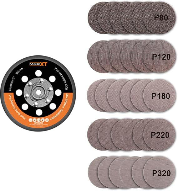 MAXXT 5" Hook & Loop DA Sander Backing Plate Pad 30 Sandpaper, Dual-Action Random Orbital Sanding Pad - Low Profile Edge, Medium Density - for MAXXT Brushless Orbit Sander R7303