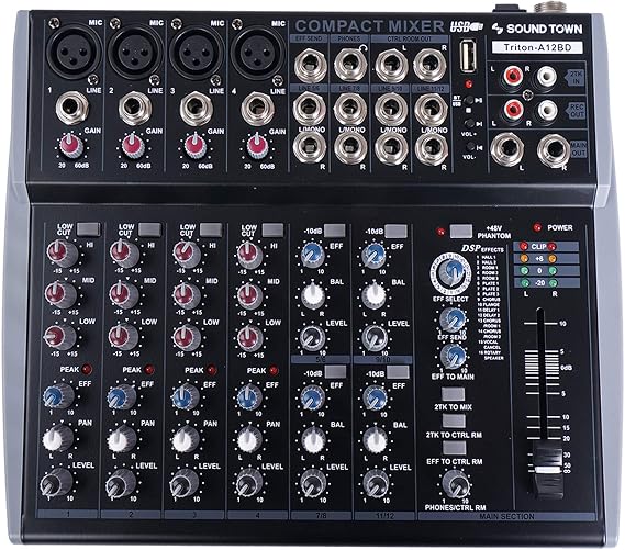 Sound Town Professional 12-Channel Audio Mixer with USB interface, Recording, EQ, Bluetooth, DSP and 48V Phantom (TRITON-A12BD)