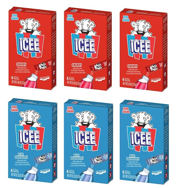 ICEE Singles To Go Variety Pack of 6-3 of Each - Cherry and Blue Raspberry - Zero Sugar Powdered Drink Mix - 6 Sticks Per Box - 36 Servings