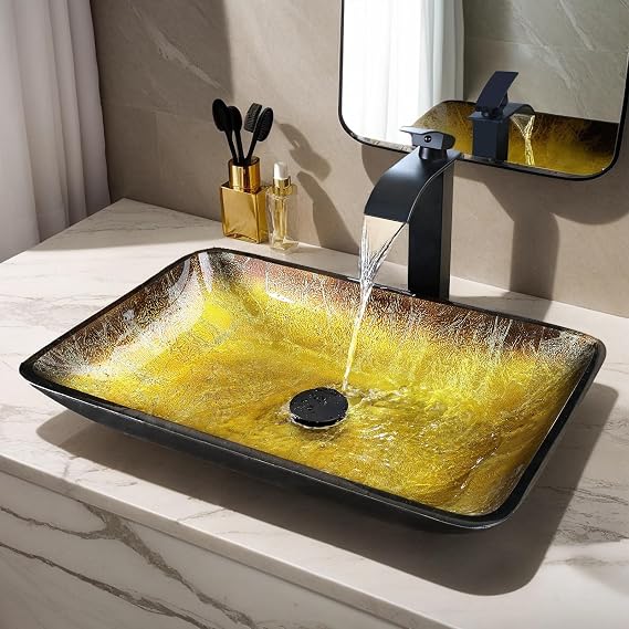 22 Inch Bathroom Vessel Sink Basin with Waterfall Faucet and Pop-Up Drain Combo,Gold Rectangular Glass Sink Bowl Above Counter Art Tempered Glass Sink with Black Rim