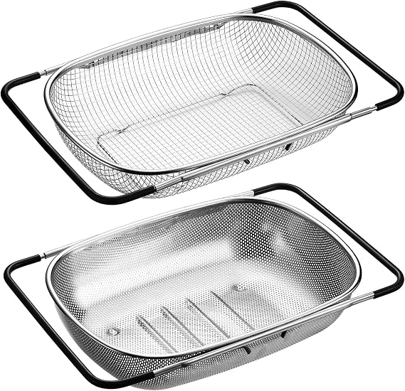 Tioncy 2 Pcs Large Over The Sink Colander, 6 Quart Stainless Steel Colander with Fine Mesh or Grid, Strainer Basket with Expandable Rubber Handles, Strain, Drain, Rinse Vegetable Fruit for Kitchen