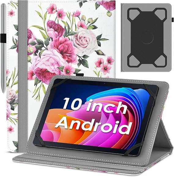DETUOSI Universal 10.1 Inch Android Tablet Case, PU Leather, Flowers