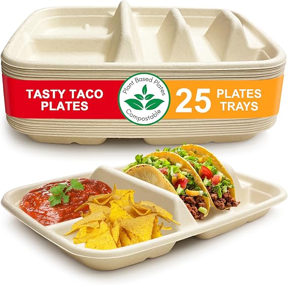 Disposable Taco Plates for 2 Tacos & 2 Sides 25 PACK | Premium Paper Plates with Dividers, Fiesta Taco Holder, Taco Stand for Taco Tuesday & Taco Bar Serving Set Taco Plates (25 Plates, Beige)